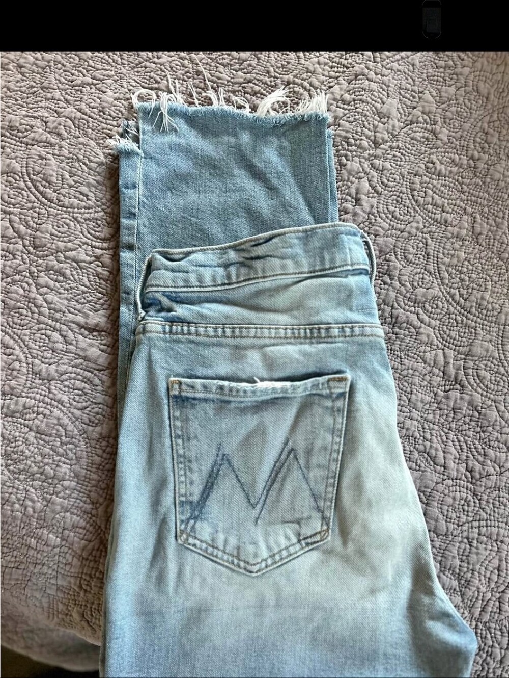 MOTHER Light Blue Cropped High-Rise Jeans with Frayed Hem